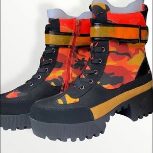 Dolls Kill Neon Orange Camo Combat Boots 8